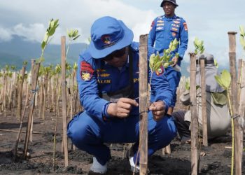 Personel Kapal Polisi XXI-2012, XXI-1002 dan Masyarakat Tanam Mangrove di Muara Sugian Sambelia   